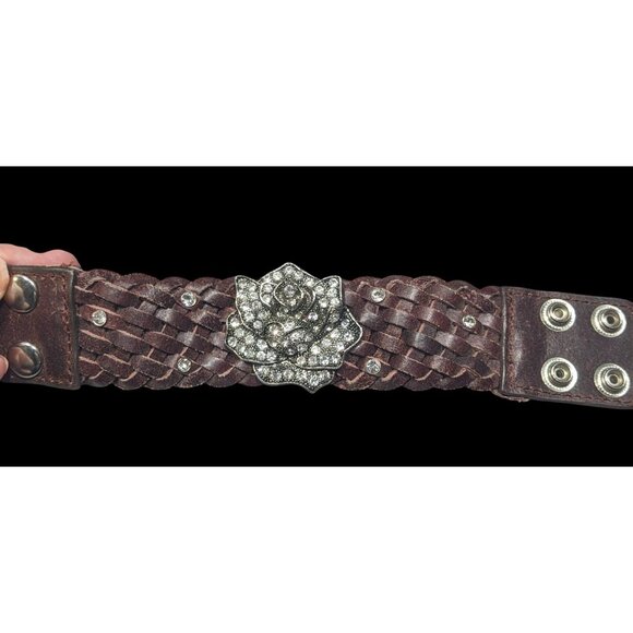 Cowgirl Glam Floral Braided Leather Rhinestone Bracelet - Picture 2 of 14